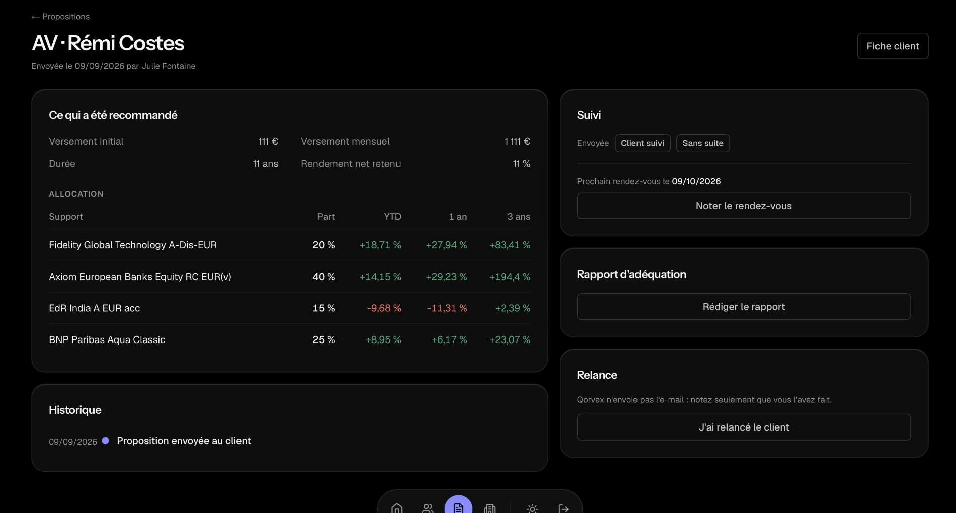 Interface Qorvex — proposition d’assurance-vie, suivi du client, rapport d’adéquation et relance